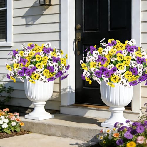 Ouddy Decor 20 Bundles Artificial Pansy Flowers for Outdoors, Fake Silk Flowers Faux Plants UV Resistant for Vase Table Balcony Planter Porch Yard Garden Indoor Outdoor Home Decor, Purple Yellow White - color: Purple Yellow White