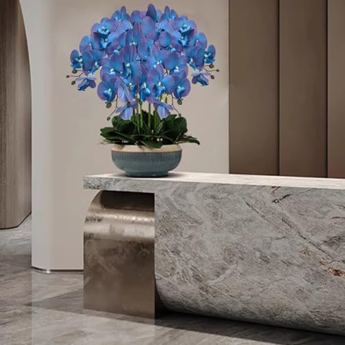 HinyoCo 5 Pcs Artificial Orchid Flowers and 4 Bundles Leaves, Artificial Phalaenopsis Flowers 32 Inch Stem Plants for Home Wedding Decoration (Blue and purple edges), US10039 - color: Blue and Purple Edges