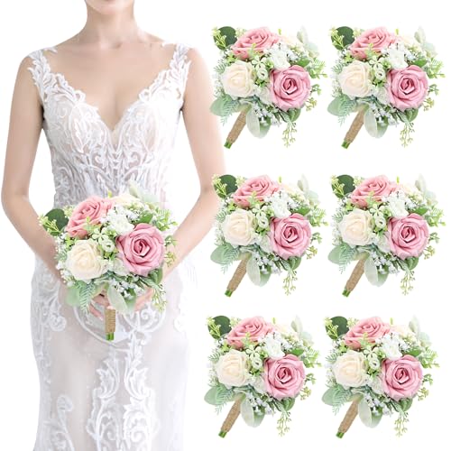 Pink Bridesmaids Bouquets Set of 6 - 7 Inch Artificial Flowers Bridesmaid Bouquet for Wedding Pre-Made Rustic Rose Small Floral Bouquets for Bridal Shower Marriage Proposal Party Anniversary Decor - color: Green & Blush Pink, size: 6pcs
