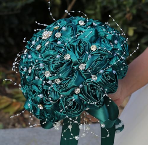 Ujicde Romantic Wedding Bouquet Bridal Bridesmaid Round Bling Brooch Bouquet Throw Toss Artificial Rose Flower Bunch with Sparkle Rhinestone Crystal Decoration(Dark Green,Dia. 6.3"*16cm) - color: Dark Green, size: Dia. 6.3"*16cm
