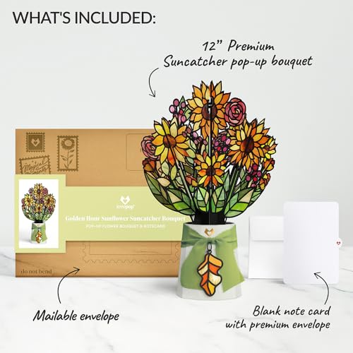 Lovepop Golden Hour Sunflower Suncatcher Bouquet - 3D Sunflower Bouquet for Friend, Wife, Teacher, Her (Mother's Day, Thanksgiving, Birthday, Thank You, Anniversary) 12" - Blank Notecard & Envelope Included - color: Golden Hour Sunflower Suncatcher Bouque