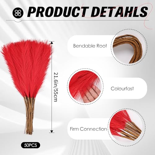 50pcs Red Pampas Grass 21.6 Inch Non-Shedding Faux Pampas for Bold Passionate Home, Vibrant Boho Weddings and Rich Tone Vase Arrangements - color: Red