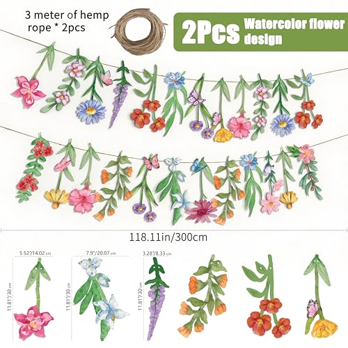 2Pcs Spring Wildflower Party Hanging Decorations, Watercolor Floral Banners Spring Wildflower Cutouts Garland Backdrop for Spring Summer Girls Garden Birthday Wedding Party Decor Supplies, 9.8Ft