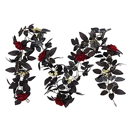 TITA-DONG 70.9 Inch Halloween Red Rose Vine Fake Floral Wall Hanging Ornaments, Artificial Rose Vine Fake Flower Plants,Black Silk Flower Garland for Halloween Decor(#1)