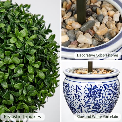 3FT Topiary Trees Artificial Outdoor Trees for Porch UV Resistant Potted Shrubs Boxwood Topiary with Blue and White Porcelain,Artificial Plants Indoor-Fake Topiary for Outdoors, Home,Garden Decor - color: 3 Ft