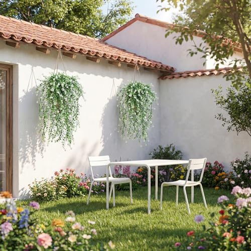 Artificial Hanging Eucalyptus Flowers for Outdoors 6PCs White Faux Hanging Vines Plants UV Resistant Fake Ferns Plants for Outdoors Home Porch Patio Garden Front Porch Summer Decor(White) - color: White