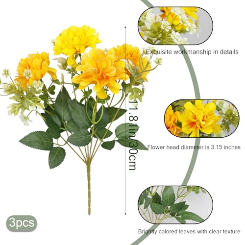 3 Pcs Silk Cemetery Flowers Artificial Geraniums for Outdoors UV Resistant Yellow Artificial Topiary Potted Faux Flowers for Planters Outdoor Hanging Front Porch Garden Patio Grave Decor - color: Yellow