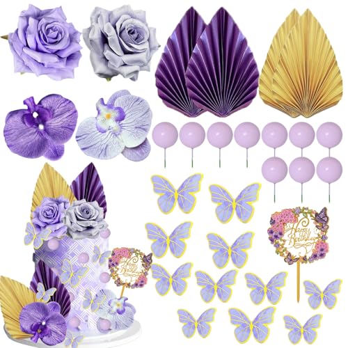 29Pcs Flower Cake Topper Palm Leaves Butterfly Ball Boho Cake Decorations Acrylic Happy Birthday Cake Toppers Cupcake Cake Insert Topper for Wedding Birthday Party Decoration Supplies(Light Purple) - color: Light Purple