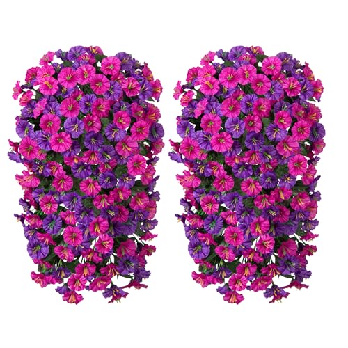 Fake Hanging Flowers for Outdoor Decor, 2 PCS Artificial Silk Morning Glory Vines Stems UV Resistant for Wall Home Porch Patio Party Wedding Decor (Dark Purple and Fuchsia) - color: Dark Purple and Fuchsia