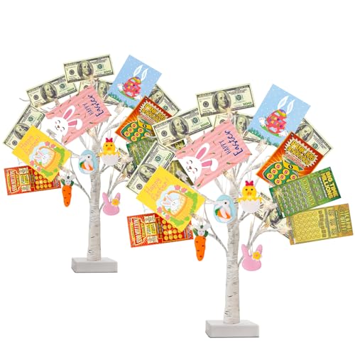 PEIDUO Set of 2 Money Trees, Lighted 22Inch 24LT White Birth Tree with Clips and Greeting Cards, Gift Card Holder for Birthday,Christmas, Wedding, Father's Day Graduation Gifts, Money Tree Gift Holder - style: 2PK Money Tree