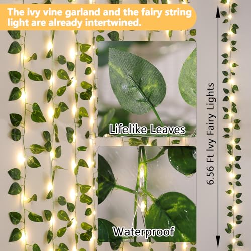Vines with Lights Battery Operated, 6.56ft 20 LED Pothos with Fairy Lights, Leaf Lights with 8 Modes, Fake Vines Ivy String Lights for Bedroom, Wall, Room, Garden, Party Decor, 4 Pack - color: Pothos, size: 4 PACK x 6.56 FT