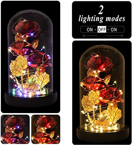 Valentine's Day Gifts for her, Eternal Rose in Glass Dome - Beauty and The Beast Inspired Keepsake, Gifts for Mom/Wife/Grandma, Preserved Roses with LED Light for Birthday/Anniversary - color: Red