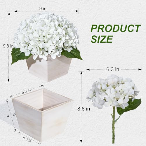 Artificial Hydrangea Flowers Arrangement in Wood Planter, 4PCS Fake White Flowers in Wooden Vase Potted Floral Centerpieces for Tables Living Room Home Office Room Shelf Kitchen Decor - color: White Hydrangea