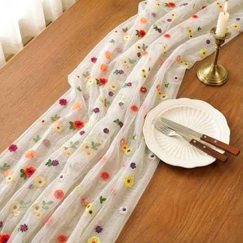 4 Pack Embroidery Floral Table Runner Rustic Spring Summer Wildflower Tulle Table Runner Vintage Flower Tabletop Runners Decoration for Home Wedding Party, 108 x 25 inch (Multicolor Flowers) - color: Multicolor Flowers-4, size: 108*24.5 inch
