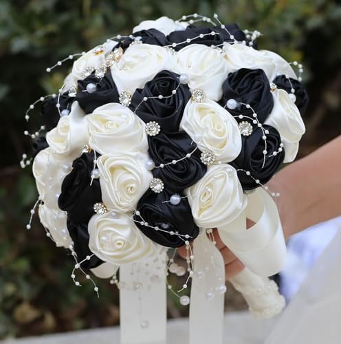 Ujicde Romantic Wedding Bouquet Bridal Bridesmaid Round Bling Brooch Bouquet Throw Toss Artificial Rose Flower Bunch with Sparkle Rhinestone Crystal Decoration(Black+Ivory,Dia. 6.3"*16cm) - color: Black+ivory, size: Dia. 6.3"*16cm