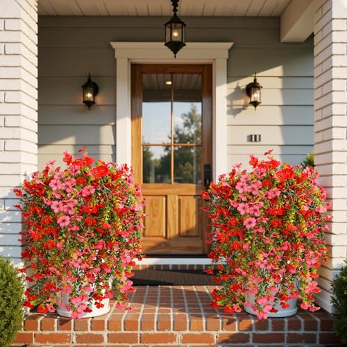 Artificial Hanging Flowers for Outdoor Decor, 6 Bundles UV Resistant Faux Silk Flowers, Fake Hanging Plants for Porch Patio Yard Planter Indoor Home Decoration(Red, Fuchsia) - color: Red＆fuchsia