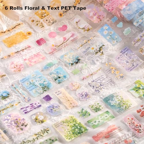 6 Rolls Floral Pre-Cut PET Sticker Tape Set, 1.97in x 78.7in Each, Vintage Botanicals & Script for Scrapbook Journals, Planners, DIY Décor - style: Floral Musings