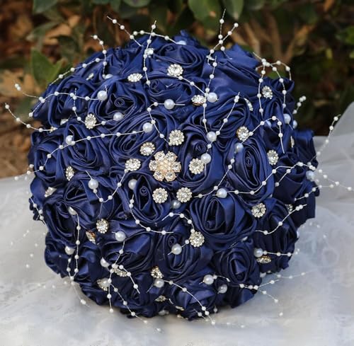 Ujicde Romantic Wedding Bouquet Bridal Bridesmaid Round Bling Brooch Bouquet Throw Toss Artificial Rose Flower Bunch with Sparkle Rhinestone Crystal Decoration(Navy Blue,Dia. 6.3"*16cm) - color: Navy Blue, size: Dia. 6.3"*16cm