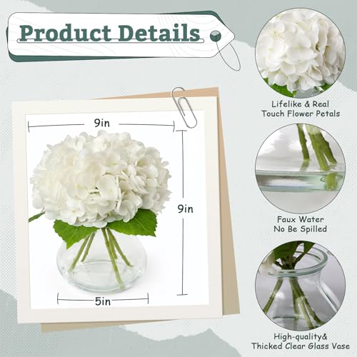Real Touch Artificial Hydrangea in Vase,Premium Faux Flowers with Faux Water for Home Decoration,Coffee,Table,Wedding,White Fake Hydrangea with Vase for DIY Floral Arrangements - color: White