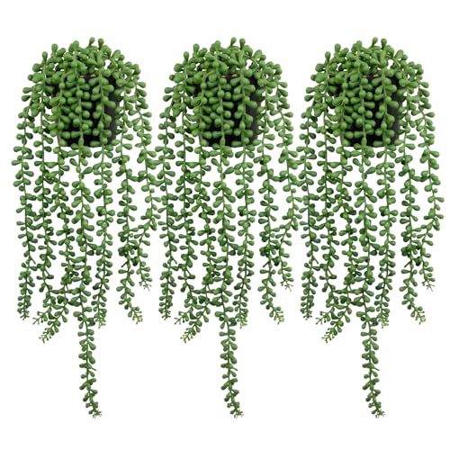 LOYWREE 3Pcs Fake Plants Indoor Artificial String of Pearls Plant in Black Pots, Realistic Green Faux Succulent Hanging Plants for Shelf Decor Desk Home Garden Decorations - color: String of Pearls, size: 3Pack