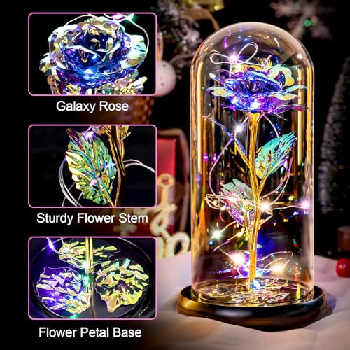 Mothers Day Flowers Gifts for Mom Birthday Gift Rechargeable Galaxy Glass Rose in Glass Dome Forever Crystal Rose Flowers Anniversary Mother's Day Roses Gifts for Daughter Wife Women Grandma Purple - color: Usb-b Purple