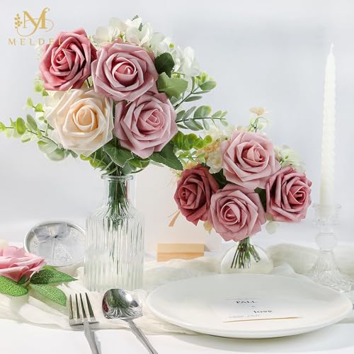 Artificial Flowers 25 Pack Blush Pink Faux Foam Roses with Stems, Real Looking Fake Rose for DIY Wedding Bouquets, Bridal Shower Centerpieces, Party Table Decorations, Home Decor - color: Blush Pink, size: 25Pcs