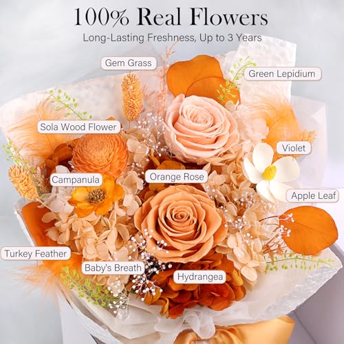 Preserved Flowers Bouquet - Forever Flowers for Delivery, Eternal Roses Bouquet That Last 3 Years, Mothers Day Gifts for Mom Grandma Wife, Anniversary Birthday Gifts for Women, Light Orange - color: Light Orange
