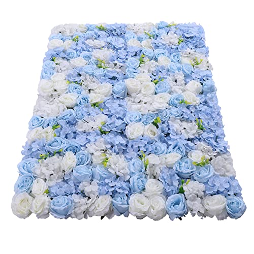 4pcs 3D Artificial Flower Wall Panels - Blue White Backdrop 24 x 16 Inch - Realistic Fake Flower Background Decor for Wedding, Birthday Party and Baby Shower - color: 4pcs, Blue + White