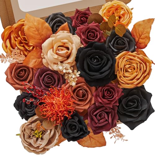 Serwalin Fall Flowers Vintage Orange & Black Artificial Flowers Halloween Black Wedding Flowers Combo for Wedding Bouquets Centerpieces Flower Arrangements Decorations - color: A Vintage Orange Black, size: 1 Box