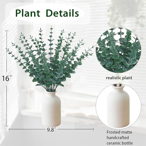 16" Artificial Eucalyptus Stems Potted Plant - Realistic Small Fake Desk Plants for Office Home Decor, Faux Plants in Frosted Ceramic Vase for Indoor Spaces, Wedding Centerpieces Table Decor（20 pcs） - color: Eucalyptus Stems