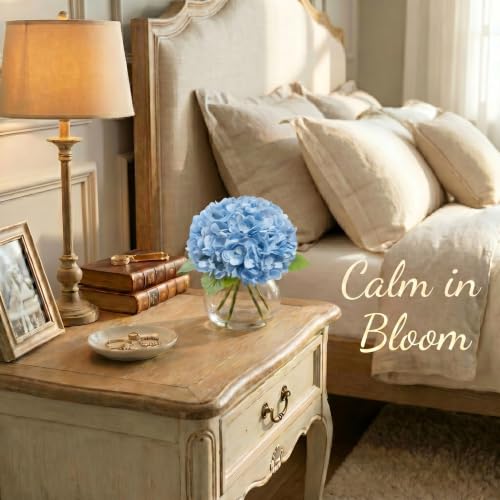 Hydrangea Artificial Flowers with Vase, Real Touch Latex Fake Hydrangeas Spring Stem Leaves Bouquet with Faux Water, Realistic Faux Flower for Home Office Bedroom Table Centerpiece Decor Blue - color: Blue