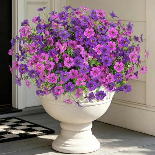 Artificial Fake Mums Flowers for Outdoor Spring Decor, 12 Bundles Faux Flowers Plants Silk Daisy for Planter Pot Colorful UV Resistant Look Real for Front Door Porch Patio Outside Yard(Light Purple) - color: Light Purple