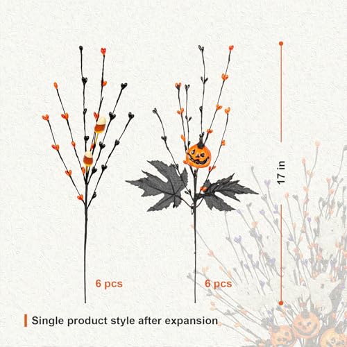 12 PCs Gothic Halloween Flowers Artificial Orange Black Stems Spooky Halloween Floral Picks with Candies Corn Smiling Pumpkins for Vase Floral Arrangements Table Centerpieces Decorations