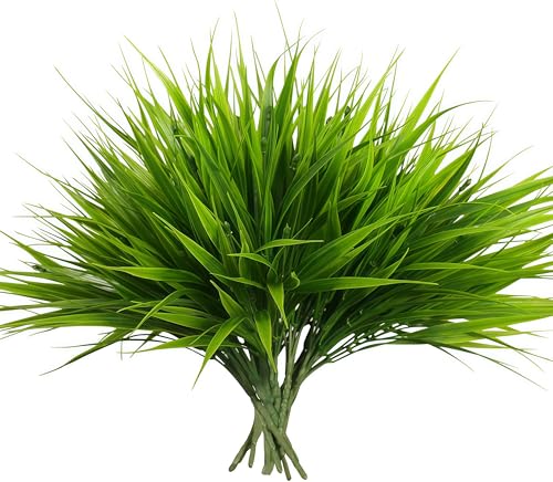 alyptus Artificial Grass Outdoor 12 Bundles Fake Plants Outside Green Onion Faux Greenery Shrubs for Front Porch Planters Pot Décor for Outdoors (Grass) - color: Grass