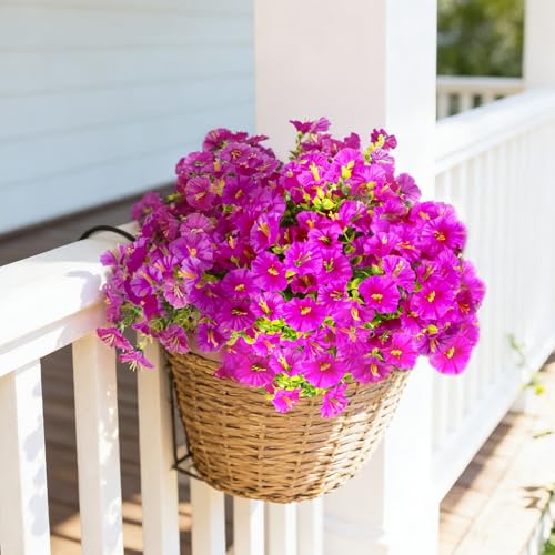BSGlobal 12 Bundles Artificial Flowers for Outdoors Decoration, Faux Silk Morning Glory Flowers UV Resistant Fake Eucalyptus Plants for Spring Summer Garden Patio Home Decor (Fuchsia) - color: Fuchsia