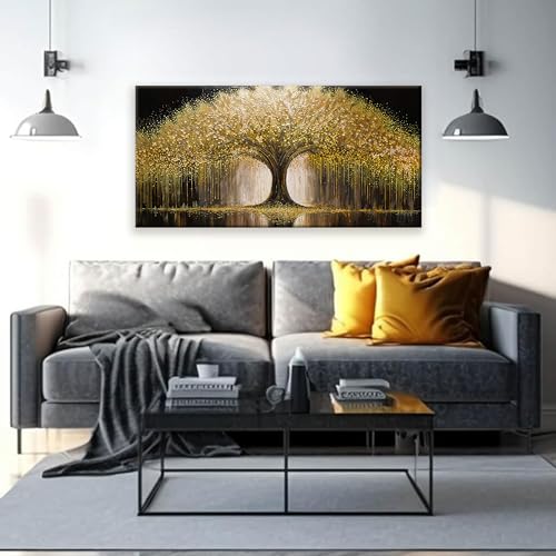 Golden Tree Of Life Wall Art Decor Prints Ready To Hang Room Wall Decor Modern Wall Art For Living Room Kitchen Office Canvas Prints Bedroom Decor 24x48 Inch - color: Yellow Gold, size: 48"L x 24"W