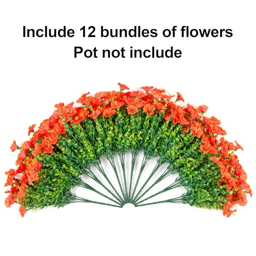Artificial Flowers for Outdoors Fake Plants Spring Summer Decor, 12 Bundles Orange Silk Morning Glory with Eucalyptus Look Real UV Resistant Faux Flowers for Outside Planters Front Door Yard Indoor - color: Orange