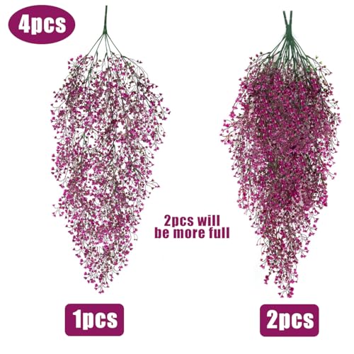 RECUTMS 4Pcs Fake Ferns Artificial Hanging Plants with 30 LED Lights Ivy Flowers Large Faux Hanging Plant for Indoor Outdoor Room Garden Porch Wedding Party Decorations (Fuchsia) - color: Fuchsia-light