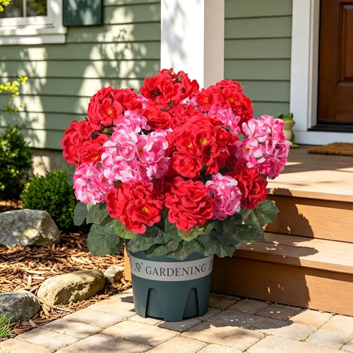 Geraniums Artificial Flowers for Outdoors, 2 Pack Potted Plants Faux Geraniums Bush Artificial Topiaries Realistic UV Resistant Fake Flowers Greenery for Outside Gardens Porch Patio Yard Indoor, Mix - color: 6 Red, 6 Pink