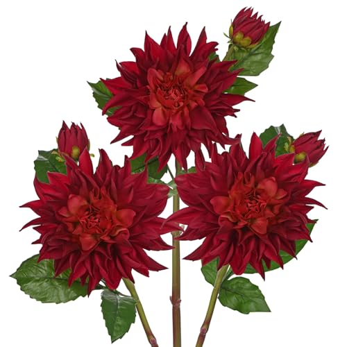Artificial Dahlia Flowers – Set of 3 | 27.9" Tall Real-Touch Silk Dahlia Stems with Large 6.1" Blooms | Lifelike Red Faux Flowers for Home Decor, Wedding, Centerpieces & Floral Arrangements - color: Deep Red