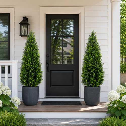 Artificial Cedar Topiary Trees 4ft Set of 2,Fake Shrubs with Ground Spike,UV Resistant Cypress Tree,Faux Bushes for Outdoors,Fake Plants for Outdoor Indoor Front Porch Patio Garden Decor