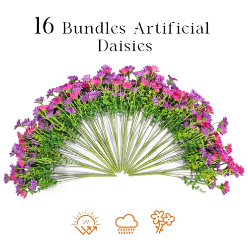 16 Bundles Silk Daisy Artificial Flowers for Outdoors UV Resistant Fake Daisies Plastic Plants Flower for Home Outside Front Door Porch Garden Patio Planters Decoration (Double Purple) - color: Double Purple