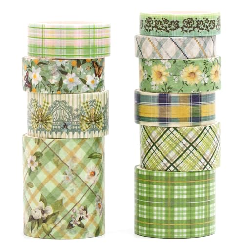 10 Rolls Vintage Floral Washi Tape Set Pastel Plaid Arts Adhesive Tapes Soft Colors Decorative Masking Tape Sets for Craft, Kids, Scrapbook, DIY, Gift Wrapping (Green Garden) - color: Green Garden