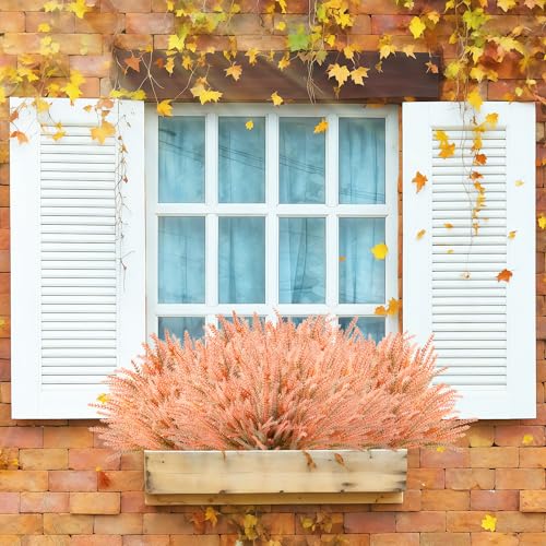Artificial Fall Flowers Faux Mums for Outdoor, 15 Bundles Fake Flower Lavender UV Resistant Faux Plants No Fade for Front Door Porch Garden Yard Patio Outside Autumn Decor(Light Orange) - color: Light Orange