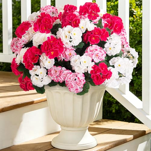 Ammyoo Artificial Geranium Flowers for Outdoors Decoration, 6 Pcs Fake Silk Geraniums Flower UV Resistant Look Real Faux Plants for Spring Garden Porch Planter Yard Table Centerpieces Decor - color: Pinkwhiterose-red