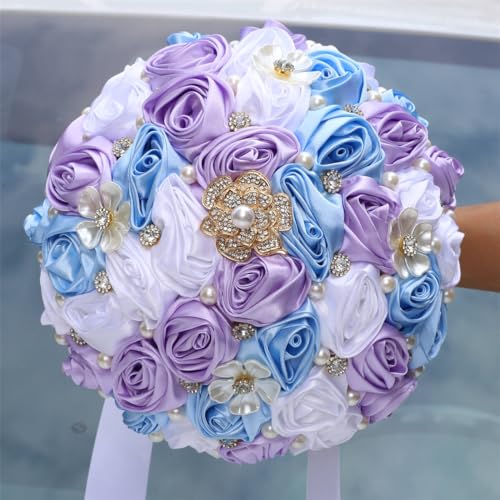 MaxxCloud 5.9‘’ Handmade Romantic Toss Bouquet for Bride Stunning Bridesmaid Brooch Wedding Bouquet with Jewelry Petals Blue Lavender and Ivory - color: Blue+lavender+ivory, size: 5.9''/15cm