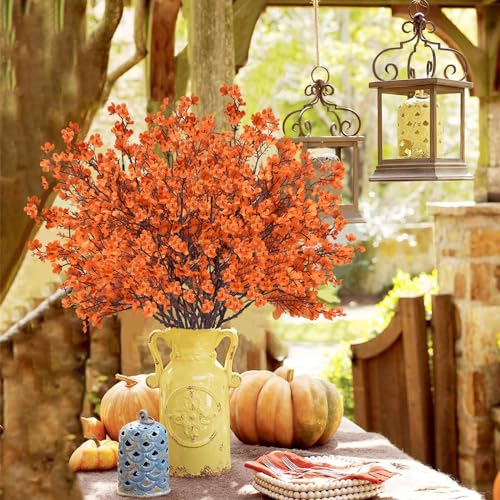 Uieke 30Pcs Artificial Fall Flowers Babys Breath Flower Bulk Fake Orange Silk Flowers Artificial Gypsophila Bouquet Floral for Home Festival Wedding Party Décor - color: Autumn, size: 30PCS