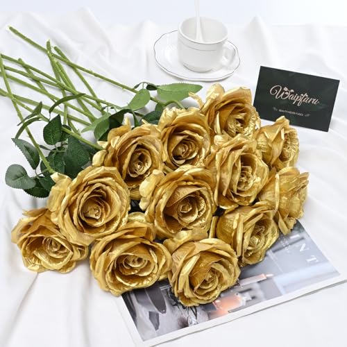 Waipfaru 16 Pcs Fake Gold Roses Artificial Flowers with Long Stems, Rose Bouquet Silk Faux Flowers for Valentines Wedding Party Vase Centerpiece Home Decor (Gold) - color: Gold, size: 16 Pcs