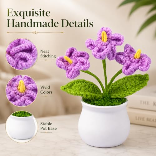 Crochet Flower Bouquet,Forget Me Not Flowers Pot Crocheted Flowers for Women Mom Wife, Perfect for Home Decorations Office Desk