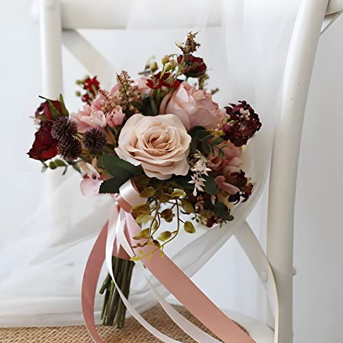 Artificial Wedding Bouquet for Brides Bridesmaid Holding Flower with Greenery Artificial Fabric Rose Wedding Flower Bridal Toss (Vintage Pink) - color: Vintage Pink